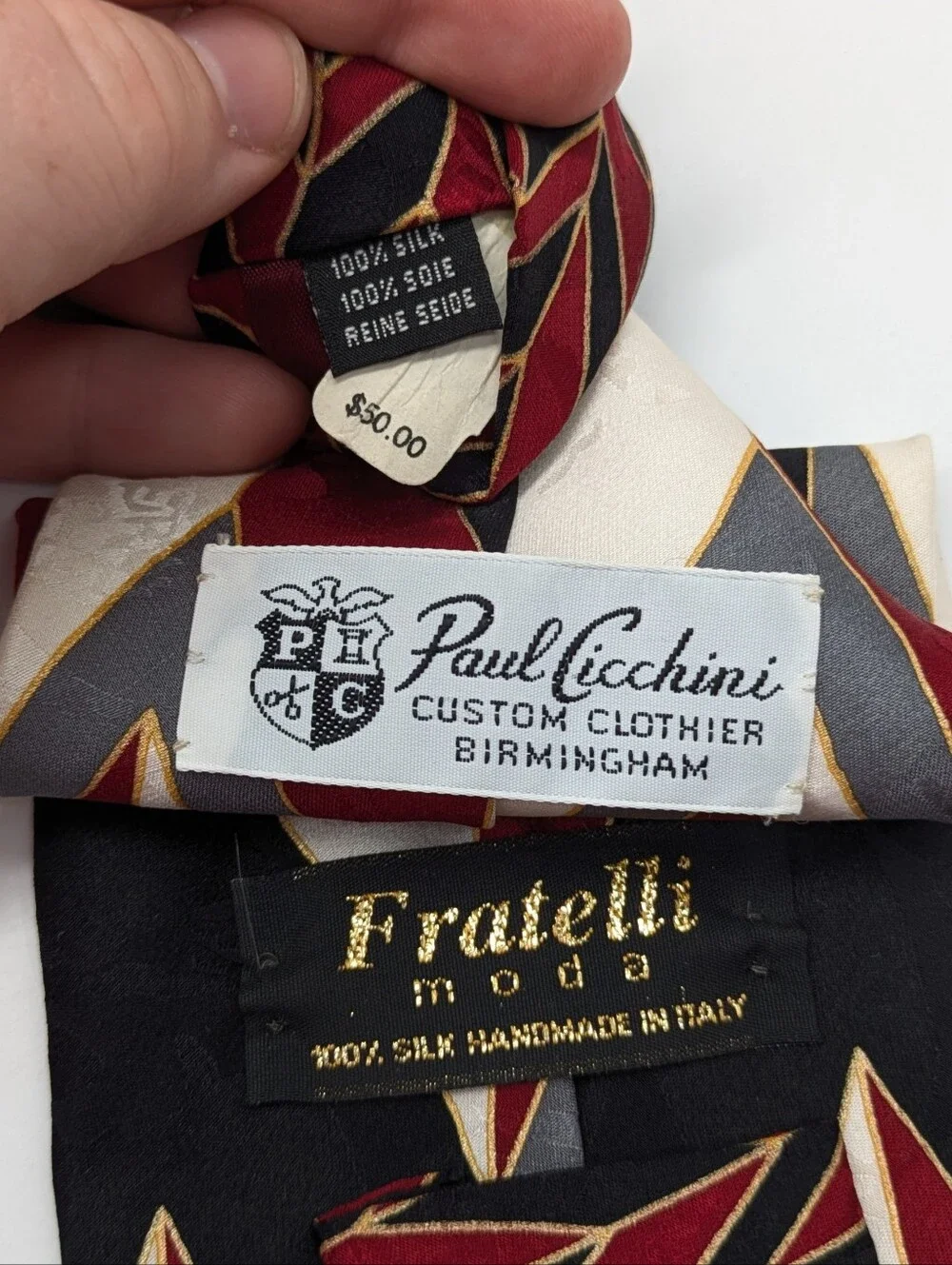 Vintage Paul Cicchini Fratelli Black Red Grey Geometric Silk Tie